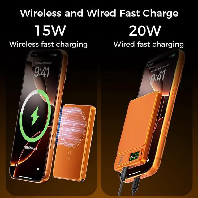 Alt view image 4 of 7 - Ultra-thin Magnetic Power Bank Wireless Portable Charger, PD20W fast charge+15W wireless, with Kickstand, Strong Magnet, Type-C Fast Charging, LED Digital Display-Orange