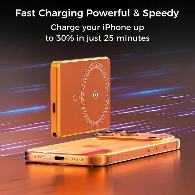 Alt view image 6 of 7 - Ultra-thin Magnetic Power Bank Wireless Portable Charger, PD20W fast charge+15W wireless, with Kickstand, Strong Magnet, Type-C Fast Charging, LED Digital Display-Orange