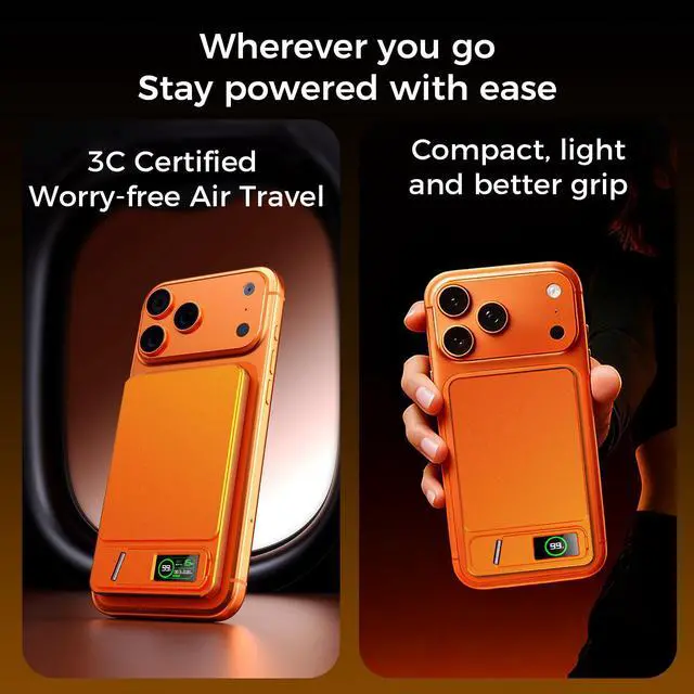Alt view image 7 of 7 - Ultra-thin Magnetic Power Bank Wireless Portable Charger, PD20W fast charge+15W wireless, with Kickstand, Strong Magnet, Type-C Fast Charging, LED Digital Display-Orange