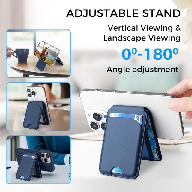 Alt view image 4 of 7 - MagSafe Wallet, Magnetic Card Holder with Adjustable Phone Stand, Leather Magnetic Phone Wallet for iPhone 17/16/15/14/13/12 Series, Ultra-Strong Magnetic Hold, Premium PU Leather, Slim Design-Blue