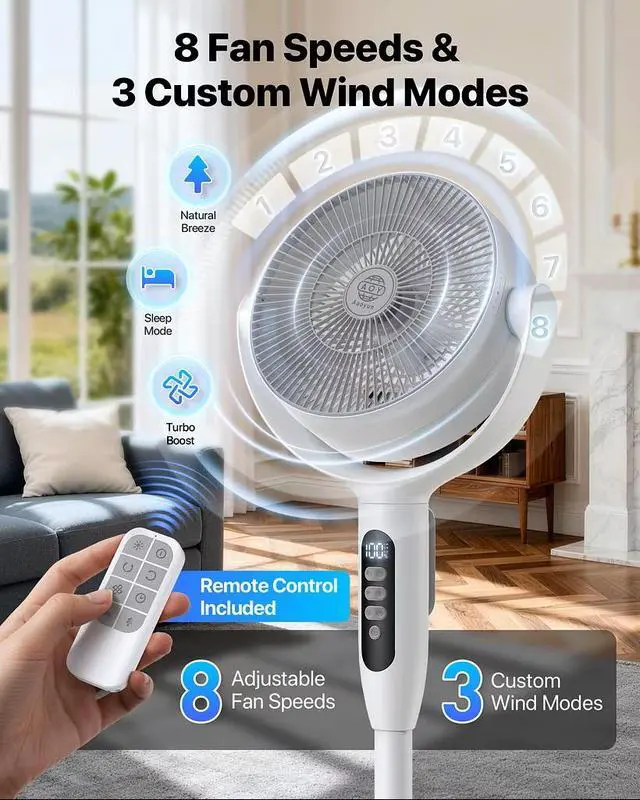 Alt view image 2 of 7 - Cordless Floor Fan, 12000mAh Rechargeable Pedestal Fan with Remote, 3D Oscillating Air Circulator, 8 Speeds Quiet DC Motor, Adjustable Height Desk Fan for Bedroom, Home, Office, Camping