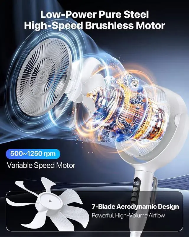 Alt view image 4 of 7 - Cordless Floor Fan, 12000mAh Rechargeable Pedestal Fan with Remote, 3D Oscillating Air Circulator, 8 Speeds Quiet DC Motor, Adjustable Height Desk Fan for Bedroom, Home, Office, Camping