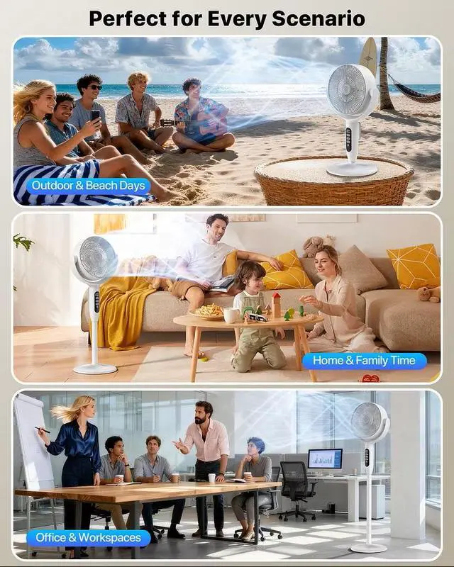 Alt view image 5 of 7 - Cordless Floor Fan, 12000mAh Rechargeable Pedestal Fan with Remote, 3D Oscillating Air Circulator, 8 Speeds Quiet DC Motor, Adjustable Height Desk Fan for Bedroom, Home, Office, Camping