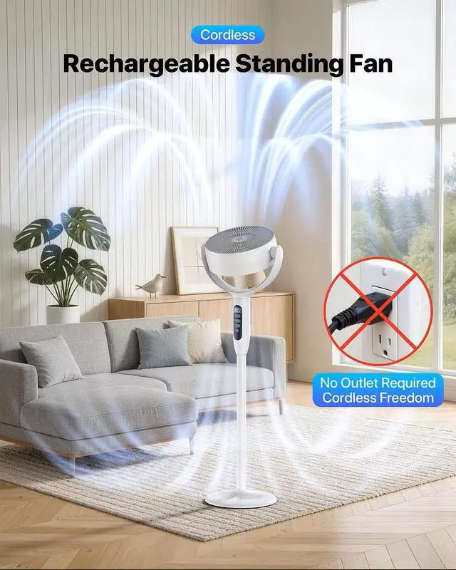 Alt view image 6 of 7 - Cordless Floor Fan, 12000mAh Rechargeable Pedestal Fan with Remote, 3D Oscillating Air Circulator, 8 Speeds Quiet DC Motor, Adjustable Height Desk Fan for Bedroom, Home, Office, Camping