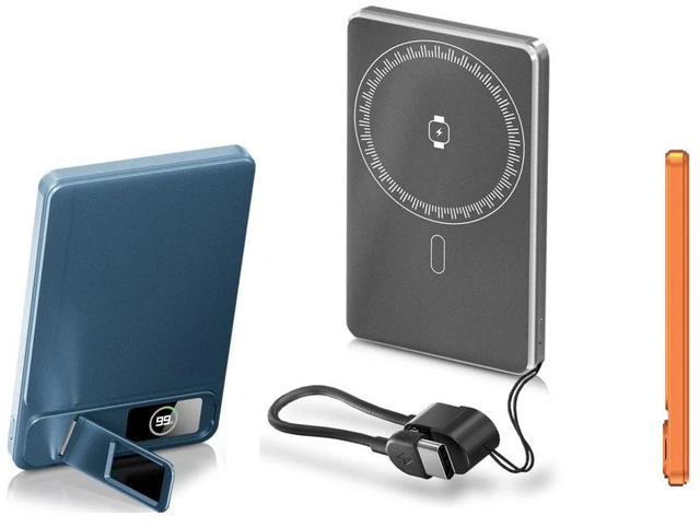 Main image of 3 Pack Ultra-thin Magnetic Power Bank Wireless Portable Charger, PD20W fast charge+15W wireless, with Kickstand, Strong Magnet, Type-C Fast Charging, LED Digital Display Blue/Orange/Grey