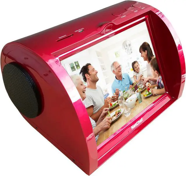 Alt view image 4 of 10 - Kitchen Entertainment, Counter-top Design, Hi-Fi Speakers, Audio Book, 15K+ Radio Stations, Streaming Videos, Movies, Music, Auto Wi-Fi, Plug & Play, Social Media, Recipes, 8”Touch Panel, NC820-RED