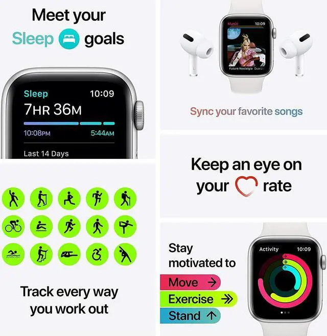 Alt view image 4 of 10 - Apple Watch SE 44mm Silver Aluminum Case with White Sport Band GPS MYDQ2LL/A