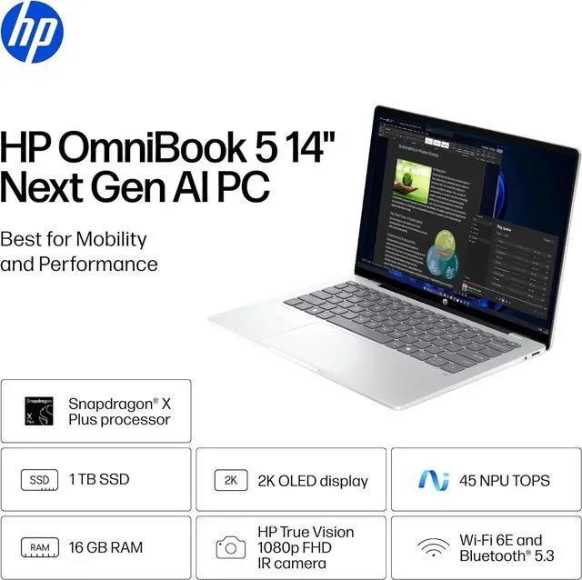 Alt view image 4 of 5 - HP OmniBook 5 14" Touch 2K OLED Snapdragon X Plus X1P-42-100 16GB 512GB SSD - Silver
