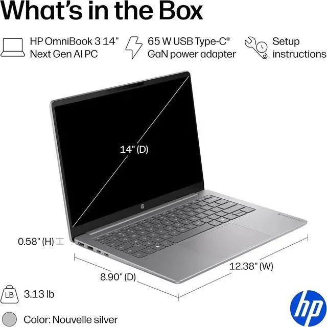 Alt view image 4 of 5 - HP 14 OmniBook 3 Next Gen AI Laptop 2K OLED Snapdragon X 16GB 256GB - Silver 14-HZ0688CL