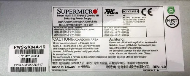Alt view image 2 of 18 - Supermicro PWS-2K04A-1R Power Supply - AC-DC 2000W, Titanium Level, Redundancy, 1U, PMBus 1.2