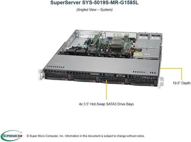 Main image of Supermicro SuperServer 5019S-MR-G1585L 1U Rack-mountable Server - 1 x Intel Xeon E3-1585L v5 Quad-core (4 Core) 3 GHz DDR4 SDRAM - Serial ATA/600 Controller - 0, 1, 5, 10 RAID Levels - 2 x 400 W