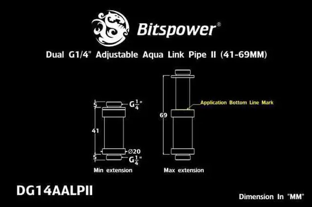 Alt view image 2 of 6 - Bitspower G1/4" Adjustable Aqua Link Pipe (41-69mm), Matte Black