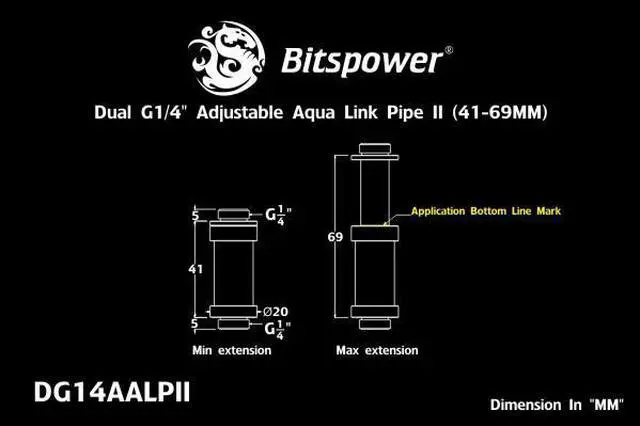 Alt view image 2 of 5 - Bitspower G1/4" Adjustable Aqua Link Pipe (41-69mm), Silver Shining