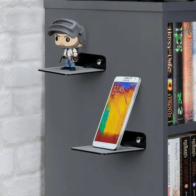 Alt view image 3 of 7 - BRAINWAVZ 2-Pack 4 Small Floating Shelf Bluetooth Speaker Stand, Adhesive & Screw Wall Mount, Anti Slip, for Cameras, Baby Monitors, Webcam, Router & More, Universal Holder (SHELF11 Black)