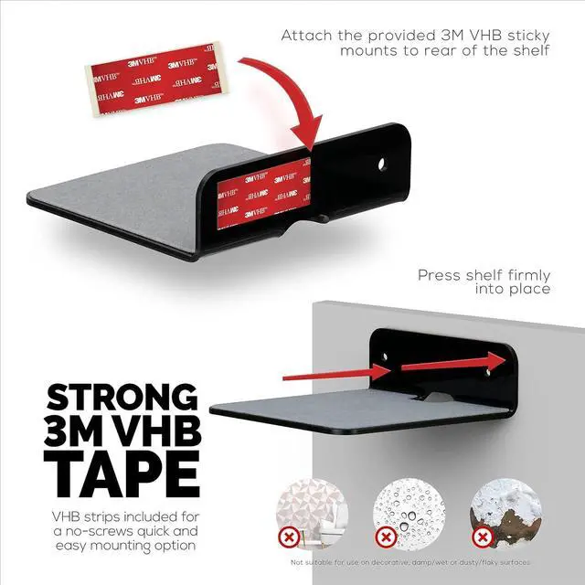 Alt view image 5 of 7 - BRAINWAVZ 2-Pack 4 Small Floating Shelf Bluetooth Speaker Stand, Adhesive & Screw Wall Mount, Anti Slip, for Cameras, Baby Monitors, Webcam, Router & More, Universal Holder (SHELF11 Black)