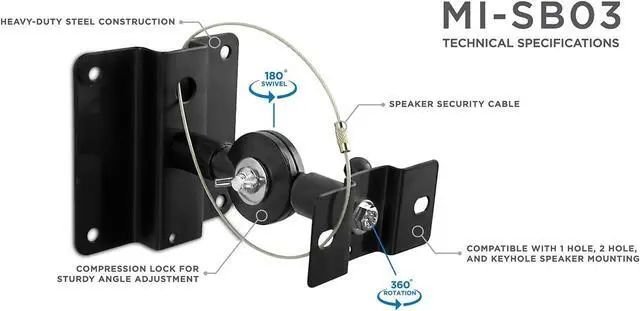 Alt view image 4 of 6 - Mount-It! Speaker Mount for Wall and Ceiling, Low Profile Heavy Duty, Anti-Theft, Universal for Channel Surround Sound and Satellite Speakers, Black, 2 Mounts
