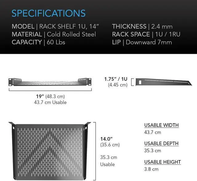 Alt view image 6 of 6 - AC Infinity Vented Cantilever 1U Universal Rack Shelf, 14" Deep, for 19" Equipment Racks. Heavy-Duty 2.4mm Cold Rolled Steel, 60lbs Capacity