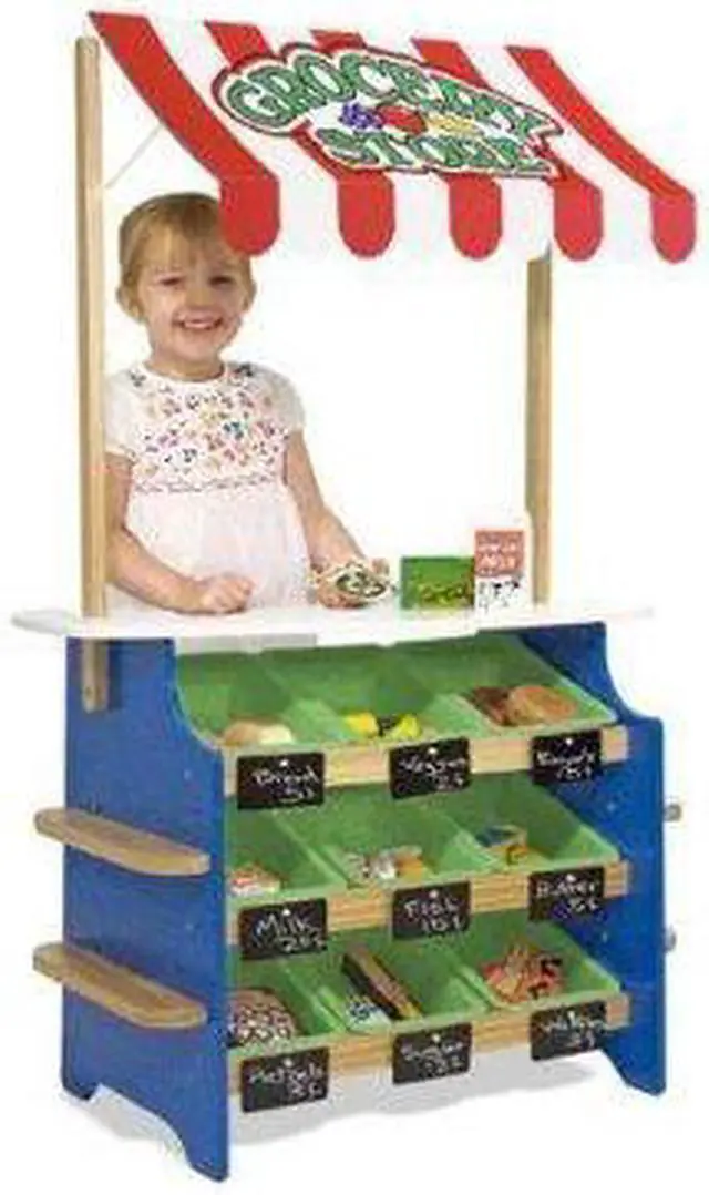 Alt view image 2 of 11 - Melissa & Doug Wooden Grocery Store and Lemonade Stand - Reversible Awning, 9 Bins, Chalkboards