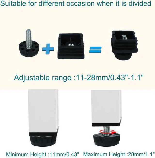 Alt view image 3 of 7 - Leveling Feet 38 x 38mm Square Tube Inserts Kit Furniture Glide Adjuster 8 Sets