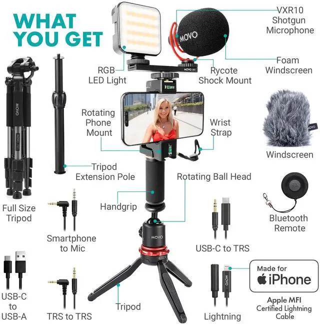 Alt view image 2 of 7 - Movo iVlogger-PRO Vlogging Kit with Full Tripod for iPhone/Android - YouTube Starter Kit for Content Creators - Accessories: Phone Tripod, Phone Mount, RGB Light and VXR10 Shotgun Mic