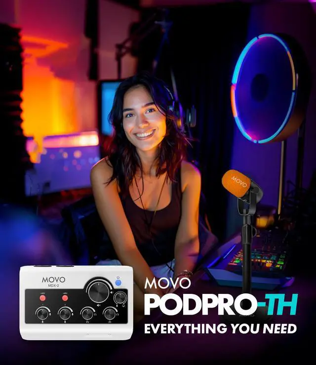 Alt view image 2 of 7 - Movo PodPro Portable Podcasting Equipment Bundle for Smartphones and Computers - with MDX-2 Audio Interface, 2 CastMic Dynamic Mics, Tabletop Stands, and Headphones