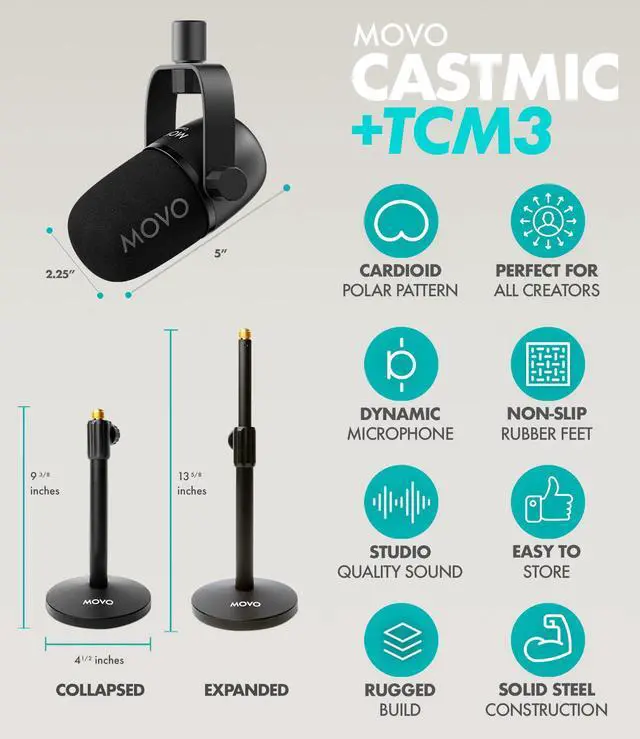 Alt view image 4 of 7 - Movo PodPro Portable Podcasting Equipment Bundle for Smartphones and Computers - with MDX-2 Audio Interface, 2 CastMic Dynamic Mics, Tabletop Stands, and Headphones