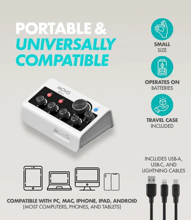 Alt view image 3 of 7 - Movo PodPro Portable Podcasting Equipment Bundle for Smartphones and Computers - with MDX-2 Audio Interface, 2 CastMic Dynamic Mics, Tabletop Stands, and Headphones
