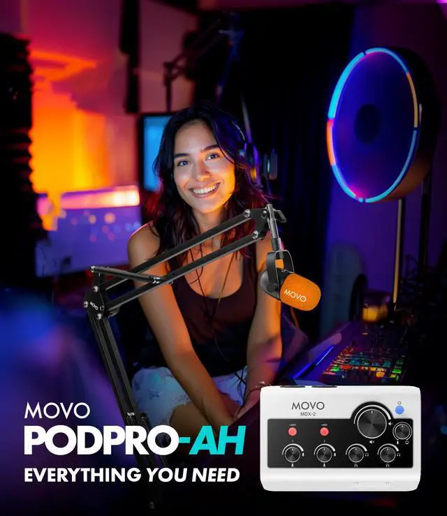 Alt view image 2 of 7 - Movo PodPro Portable Podcasting Equipment Bundle for Smartphones and Computers - with MDX-2 Audio Interface, 2 CastMic Dynamic Mics, Boom Arms, and Headphones