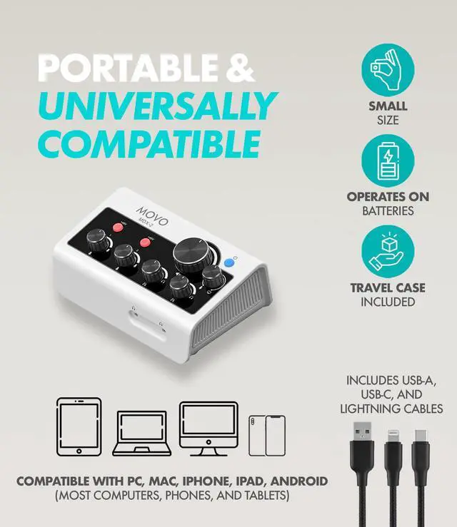 Alt view image 3 of 7 - Movo PodPro Portable Podcasting Equipment Bundle for Smartphones and Computers - with MDX-2 Audio Interface, 2 CastMic Dynamic Mics, Boom Arms, and Headphones