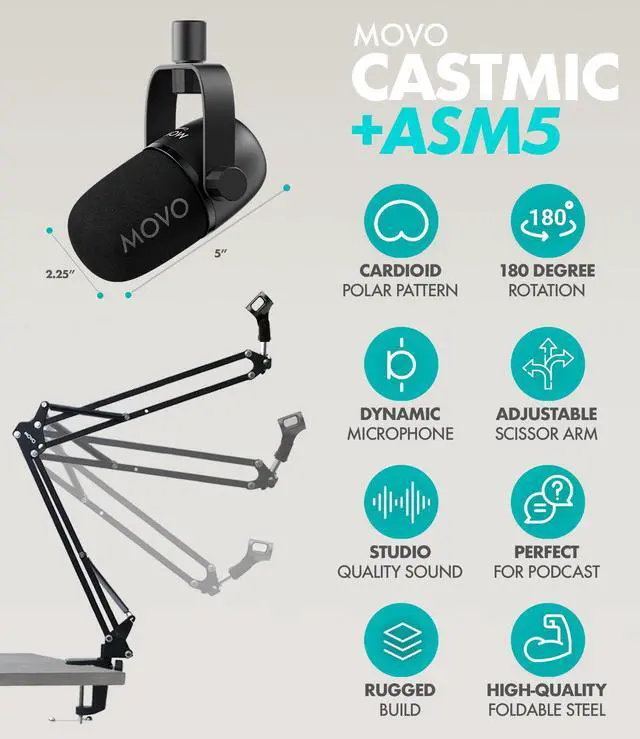 Alt view image 4 of 7 - Movo PodPro Portable Podcasting Equipment Bundle for Smartphones and Computers - with MDX-2 Audio Interface, 2 CastMic Dynamic Mics, Boom Arms, and Headphones