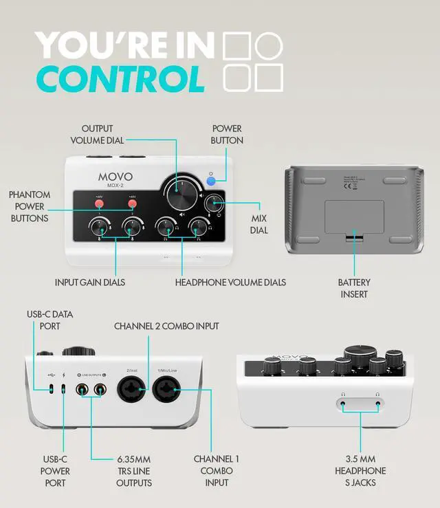 Alt view image 7 of 7 - Movo PodPro Portable Podcasting Equipment Bundle for Smartphones and Computers - with MDX-2 Audio Interface, 2 CastMic Dynamic Mics, Boom Arms, and Headphones