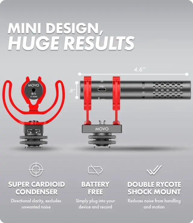 Alt view image 2 of 6 - Movo X1-Mini Video Shotgun Mic for Camera - Supercardioid 3.5mm/USB-C Analog/Digital Camera Microphone for DSLR, iPhone and Android Smartphones, Computers - Compatible with Canon EOS, Nikon, Sony