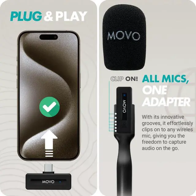Alt view image 5 of 7 - Movo Wireless Mini UC Ultra Compact Wireless Lavalier Microphone for iPhone 15 with WMX-HM Handheld Adapter - Lapel Mic with Handle Mount for Content Creators, Interviews, Reporting and More