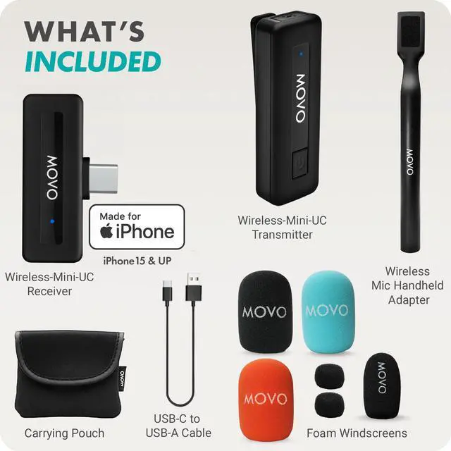 Alt view image 7 of 7 - Movo Wireless Mini UC Ultra Compact Wireless Lavalier Microphone for iPhone 15 with WMX-HM Handheld Adapter - Lapel Mic with Handle Mount for Content Creators, Interviews, Reporting and More