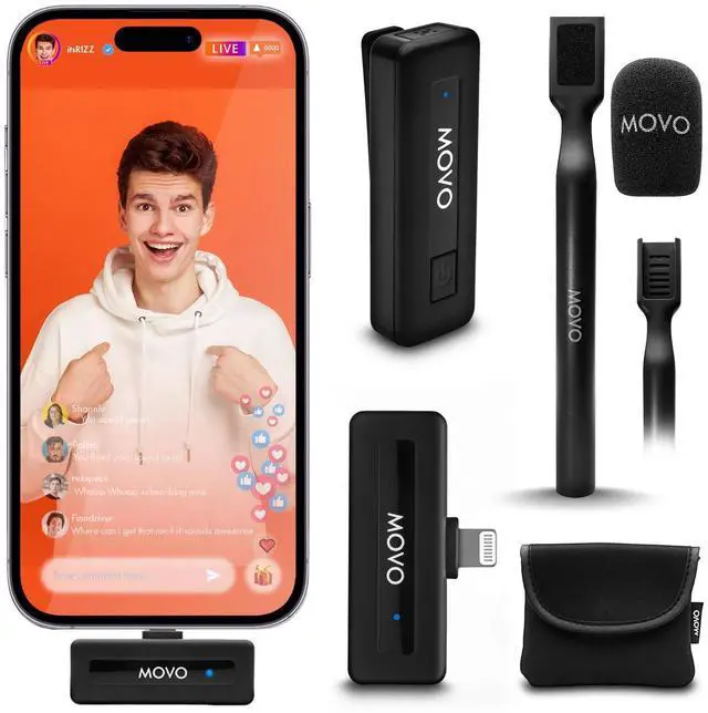 Main image of Movo Wireless Mini DI Ultra Compact Wireless Lav Microphone System for iPhone with Handheld Extension Mount - Mini iPhone Microphone System with Mic Handle for Reporting, Interviews and More