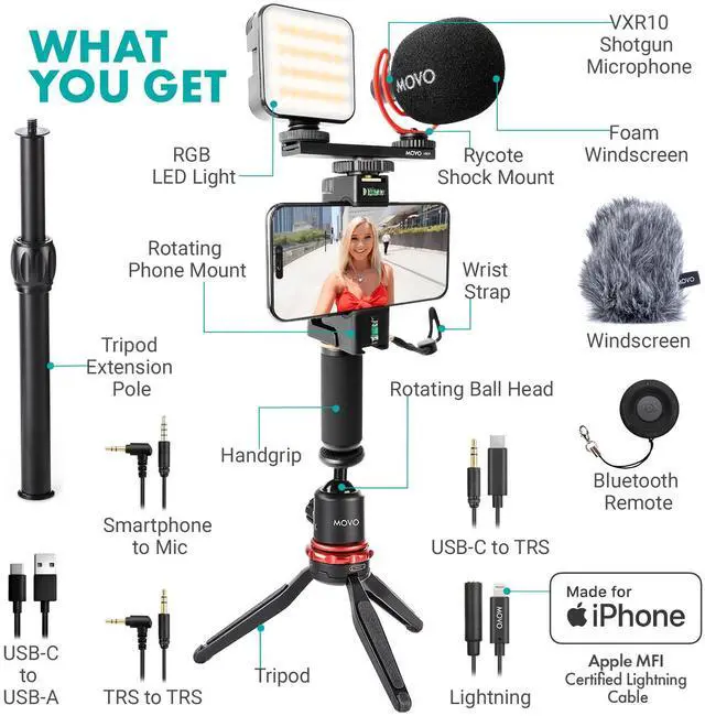 Alt view image 2 of 6 - Movo iVlogger-PRO Vlogging Kit for iPhone/Android - YouTube Starter Kit for Content Creators - Accessories: Phone Tripod, Phone Mount, RGB Light and VXR10 Shotgun Mic