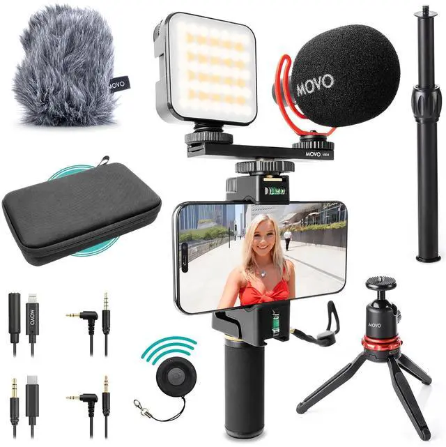 Main image of Movo iVlogger-PRO Vlogging Kit for iPhone/Android - YouTube Starter Kit for Content Creators - Accessories: Phone Tripod, Phone Mount, RGB Light and VXR10 Shotgun Mic