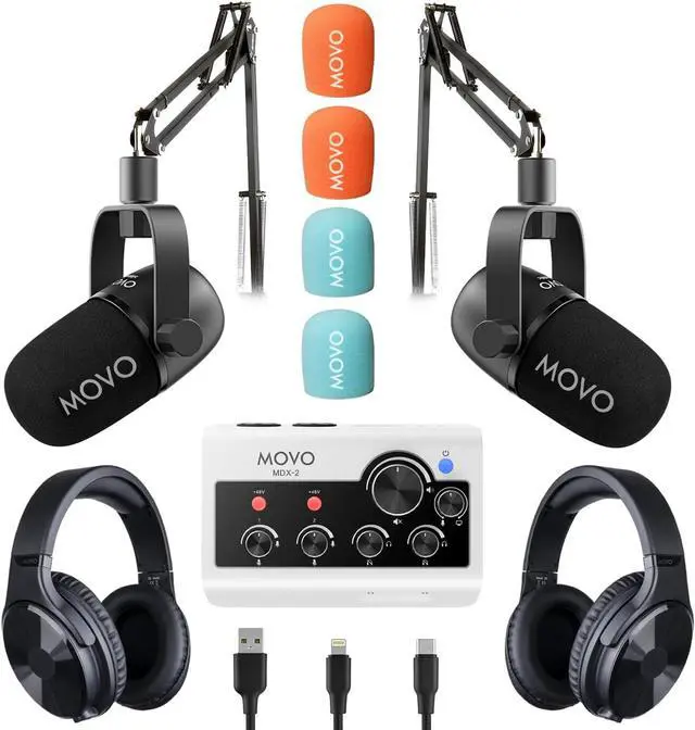 Main image of Movo PodPro Portable Podcasting Equipment Bundle for Smartphones and Computers - with MDX-2 Audio Interface, 2 CastMic Dynamic Mics, Boom Arms, and Headphones