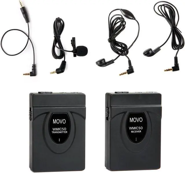 Main image of Movo WMIC50 2.4GHz Wireless Lavalier Microphone System with Integrated 164-foot Range Antenna (Includes Transmitter with Belt Clip, Receiver with Camera Shoe, Lavalier & 2 Earphones)