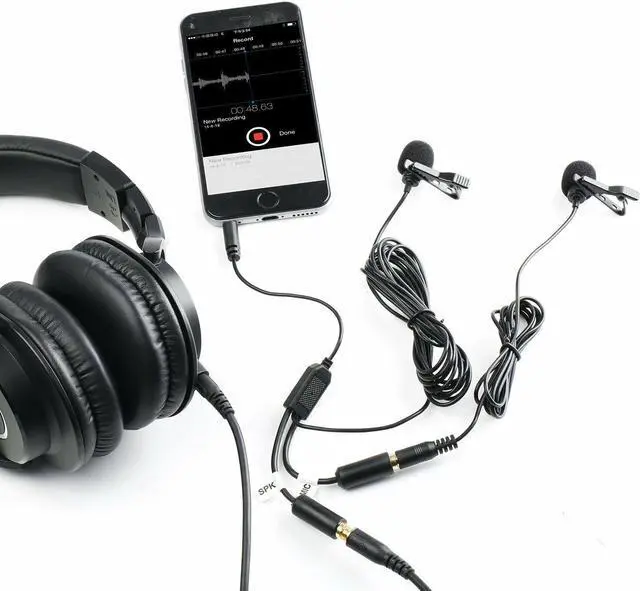 Alt view image 2 of 4 - Movo Executive Lavalier Clip-on Interview Microphone with Secondary Mic & Headphone Monitoring Input for Apple iPhone, iPad, Samsung, Android Smartphones/Tablets