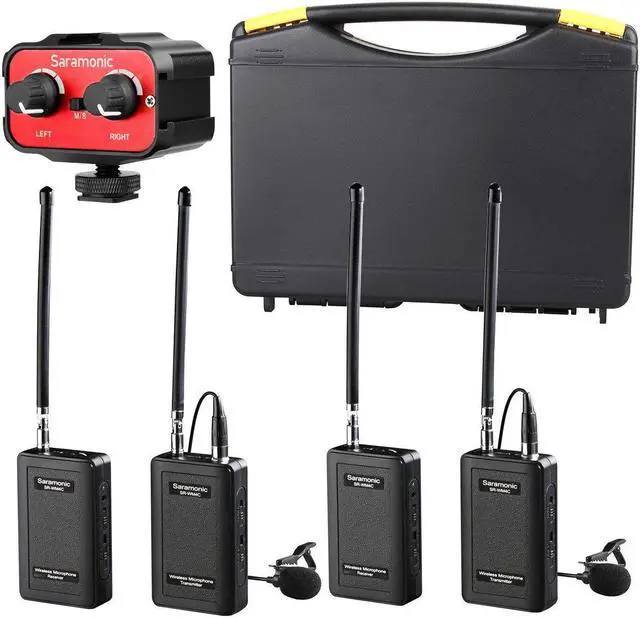 Main image of Saramonic Wireless VHF Lavalier Microphone Bundle with 2 Bodypack Transmitters, 2 Receivers, and 2-Ch Mixer for DSLR Cameras, Camcorders + More - 200' Wireless Transmission Range (Black/Red)