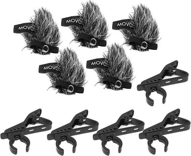 Main image of Movo MCW8 5-PACK of Lavalier Microphone Windscreen Muffs and Metal Crocodile Lapel Clips for 12mm Mic Capsules - Fits Movo LV8-C & LV8-D Broadcast Lavalier Microphones