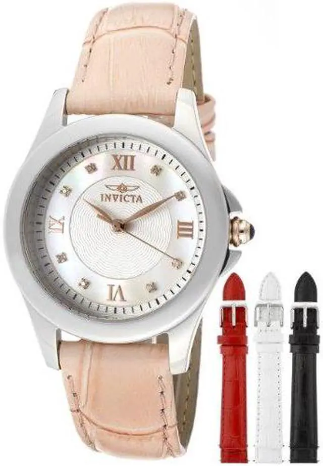 Alt view image 5 of 14 - Invicta 12544 Women's Diamond Angel Pink Genuine Leather White And White Mop Dial Ss Watch