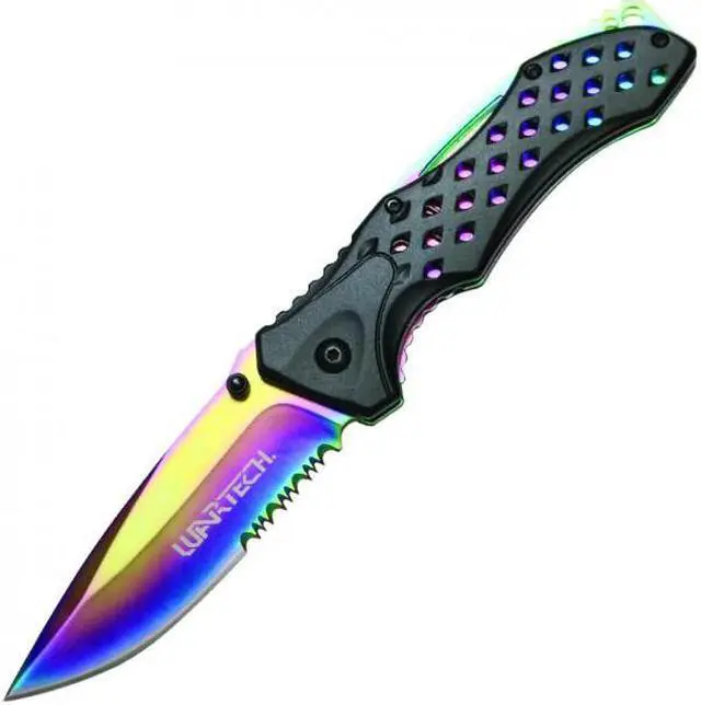 Main image of Spring-Assisted Folding Knife Wartech 3.75" Serrated Rainbow Blade Black Handle