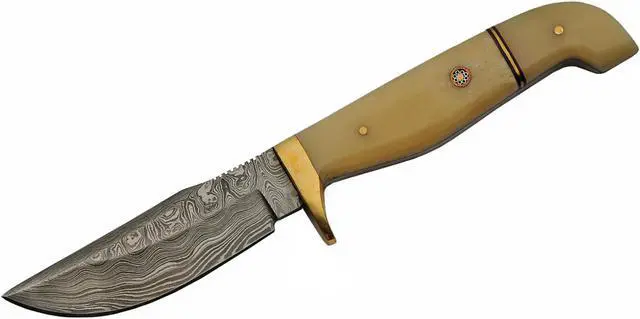Alt view image 2 of 4 - Damascus Steel Hunting Knife | 8" Overall Real Bone Handle + Leather Sheath
