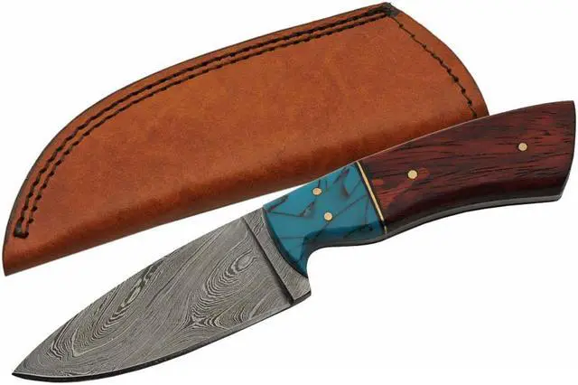 Main image of Damascus Steel Blade Hunting Knife | 9" Overall Wood Turquoise Skinner + Sheath