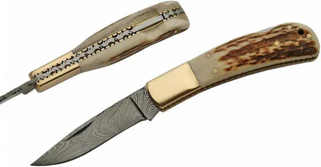 Main image of Damascus Steel Blade Folding Pocket Knife | 4" Stag Handle Classic Lockback