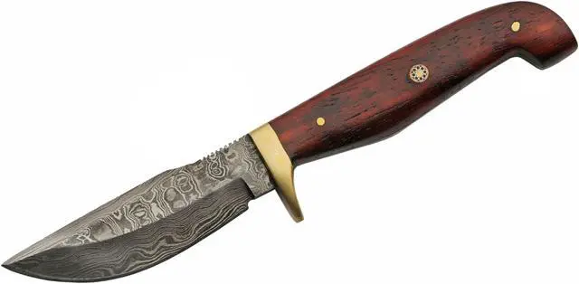 Alt view image 2 of 4 - Damascus Steel Hunting Knife | 8" Overall Red Padauk Wood + Leather Sheath