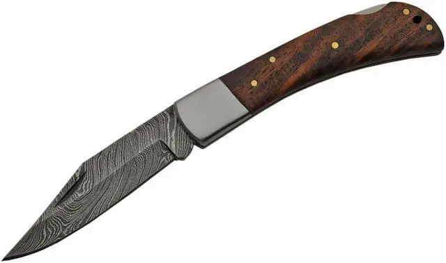 Alt view image 2 of 3 - Damascus Steel Folding Knife | Rite Edge 3.5" Blade Classic Lockback Wood Handle