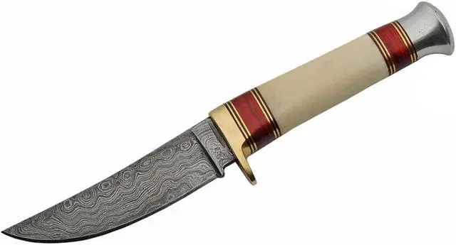 Alt view image 2 of 4 - Damascus Steel Blade Hunting Knife | 9" Overall Bone Handle Skinner + Sheath